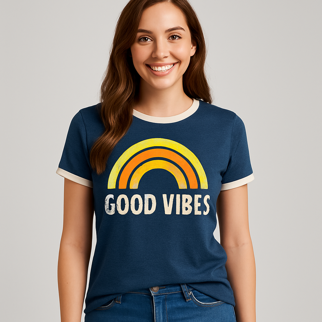 חולצת טי כחולה עם הדפס קשת וכיתוב Good Vibes – לוק צעיר ושמח