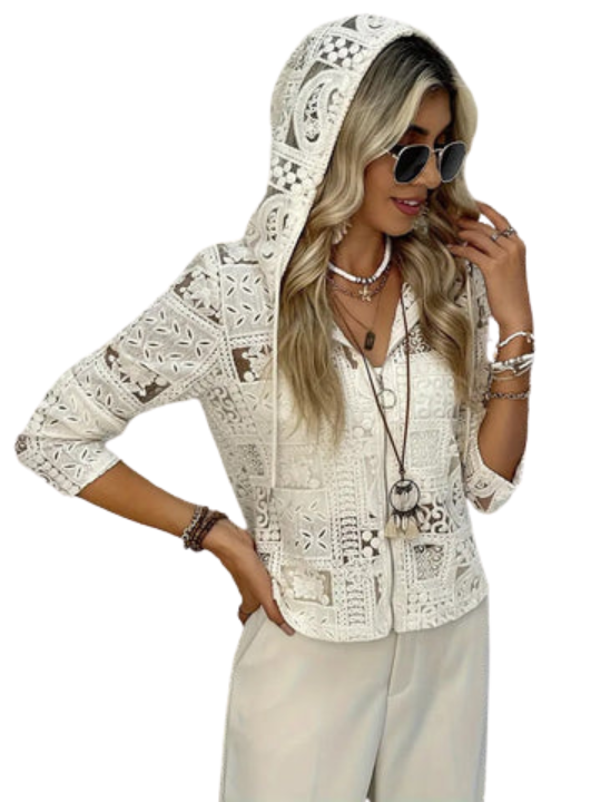 מעיל עם כובע | דגם תחרה ועיניים | מעיל קל אלגנטי לכל עונות השנה